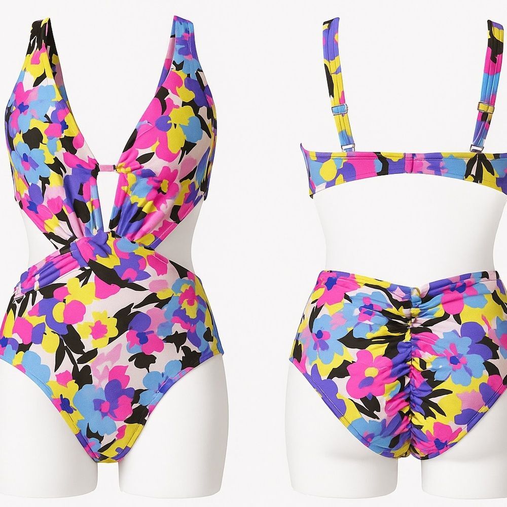 Floral Cutout Monokini One Piece Swimsuit Multicolor XL Tummy Control Retro
